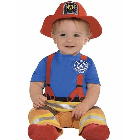 First Fireman Costume Dept Chief Firefighter Halloween Baby Infant Jumpsuit Hat - Picture 2 of 9